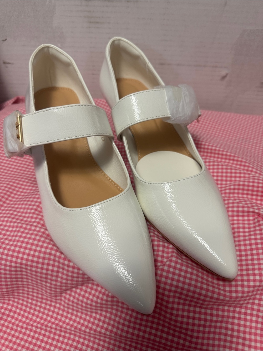 Patent White Pointed Mary Jane Flats with Strap